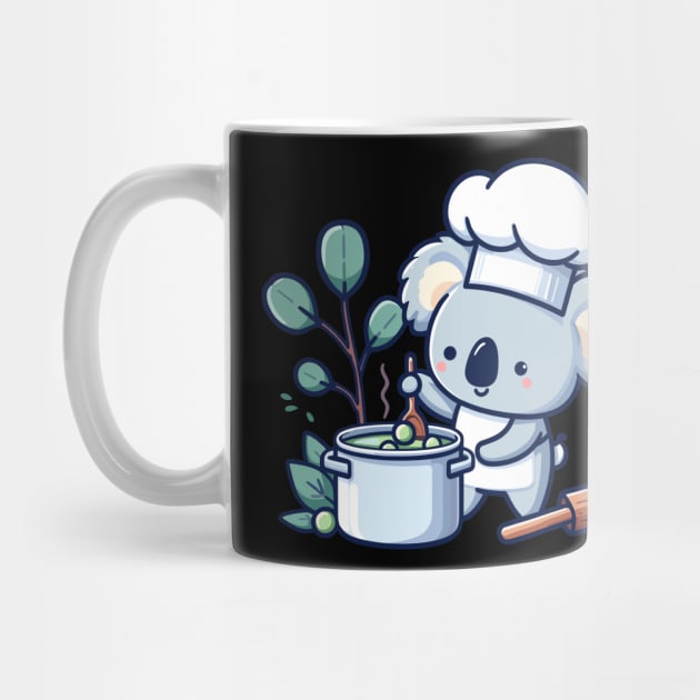 Cute koala chef holding pot with soup, koala bear cooking illustration, koala lover chef design by Nora Liak
